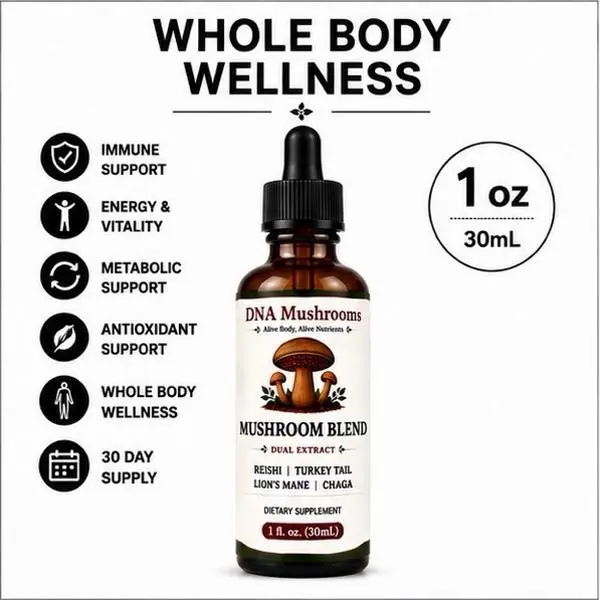 Gluten-Free DNA Mushroom Extract Liquid Tincture - Chaga, Lion's Mane, Cordyceps, Maitake Blend - 1 Bottle, Boosts Focus, Supports Metabolism, Natural Energy, Antioxidant-Rich, Detox, Joint & Muscle Health