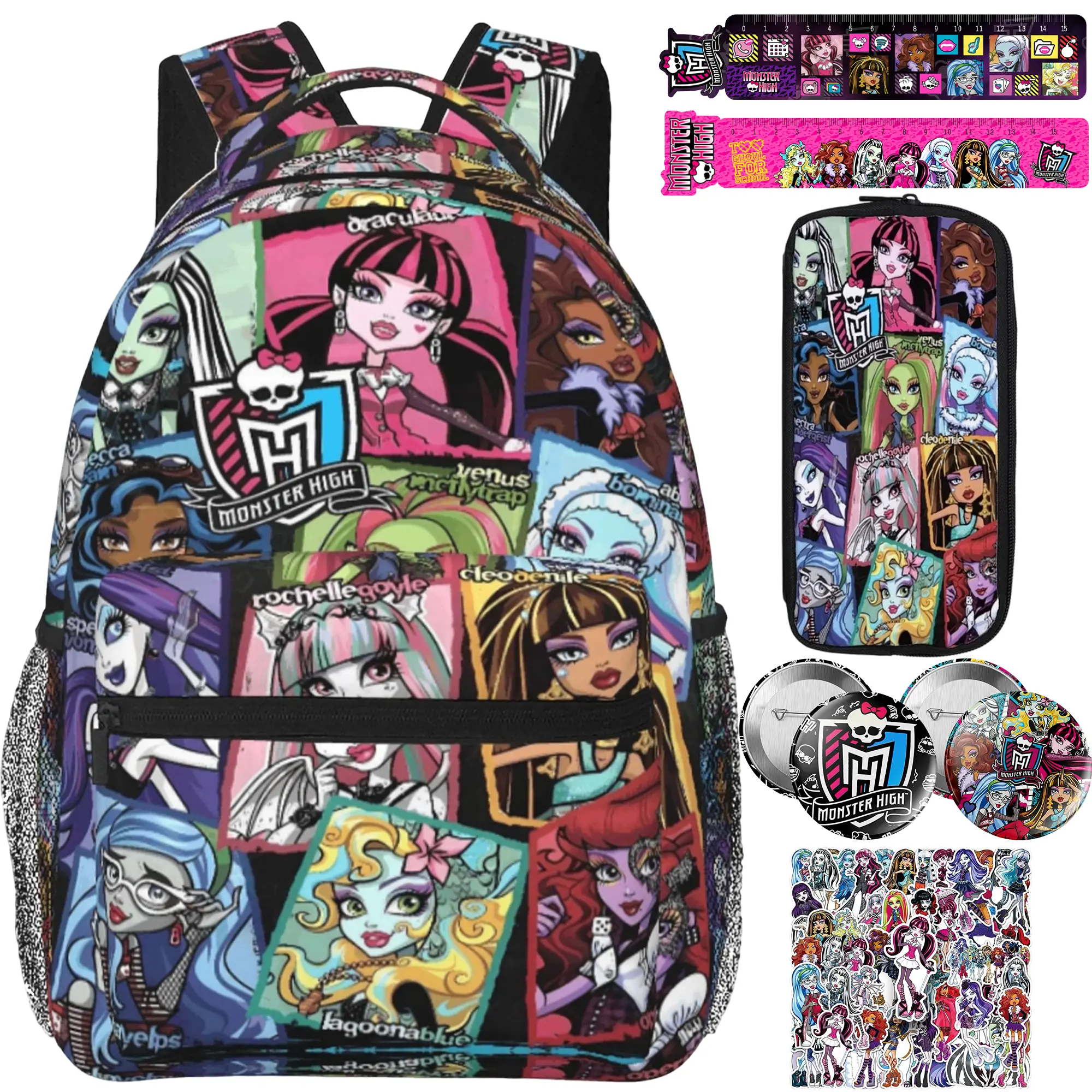 Monster High Doll Graphic Backpack Set with Backpack, Pencil Case, 2 Rulers, 2 Badges and 10 Stickers, Laptop Bookbag for Teens Girls, Monster High Themed Travel Bag, Awesome Present for Birthday, Xmas and Holiday Gift