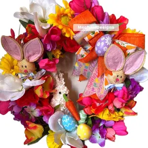 Mechamdesigns 14” Grapevine Wreath Easter/Spring Themed with Artificial Flowers, Burlap Bunny Picks & Floral Bunny with Carrots in Center - Decor