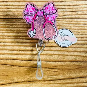 Stethoscope Bow Pink Glitter Badge Reel