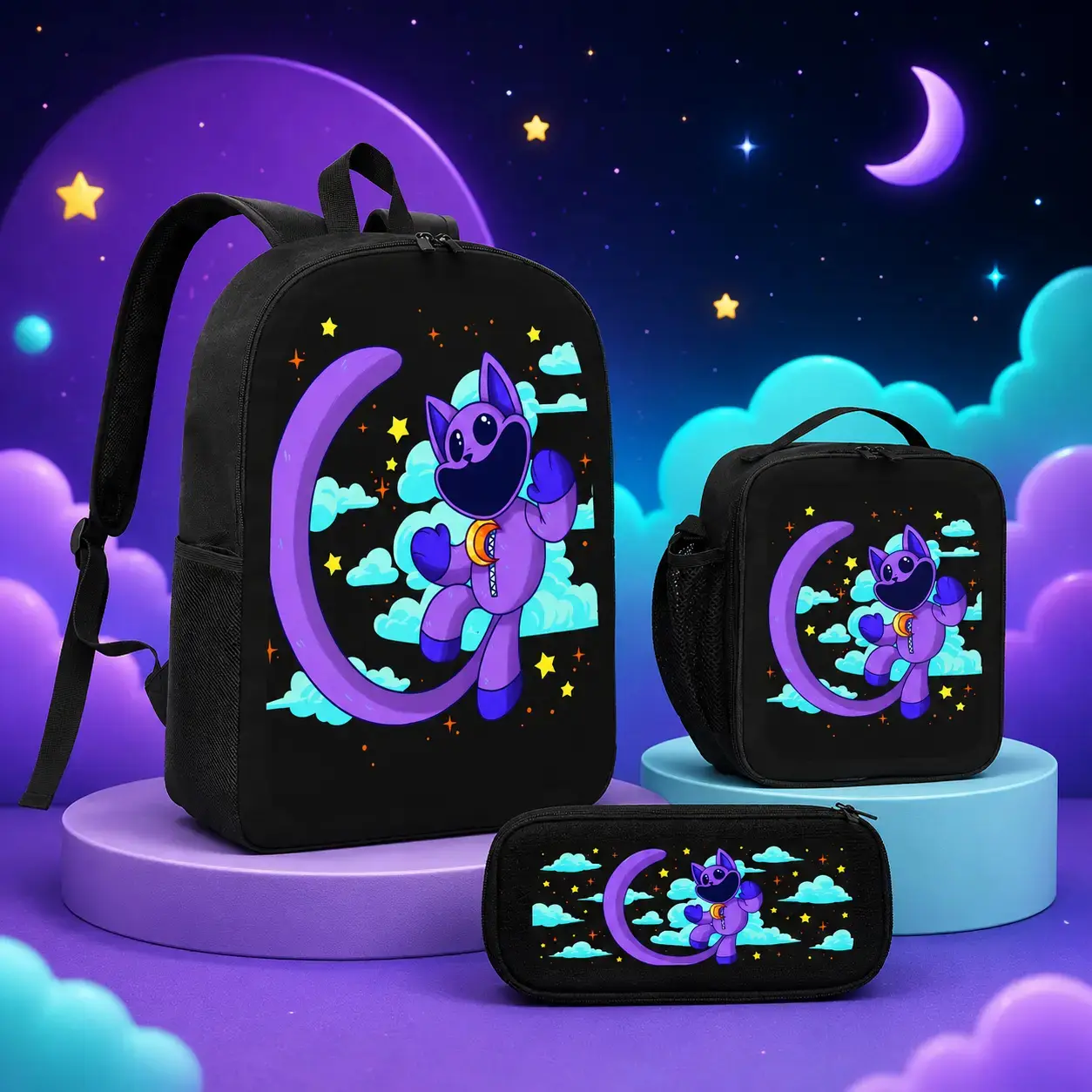 Smiling Critters 3PCS Backpack Set with Lunch Bag & Pencil Case,Cute Kawaii Lightweight Classic Travel Daypack,Aesthetic Game Style Bag for Work,Picnic,Daily Carry
