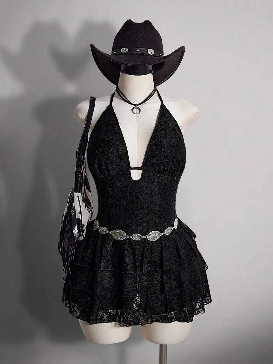 ELIEEN Plus Size Black Summer Western Concert Night Out Club Retro Y2K Bohemian Music Festival Outfit Lace Halter Neck Hollow Out Cake Dress
