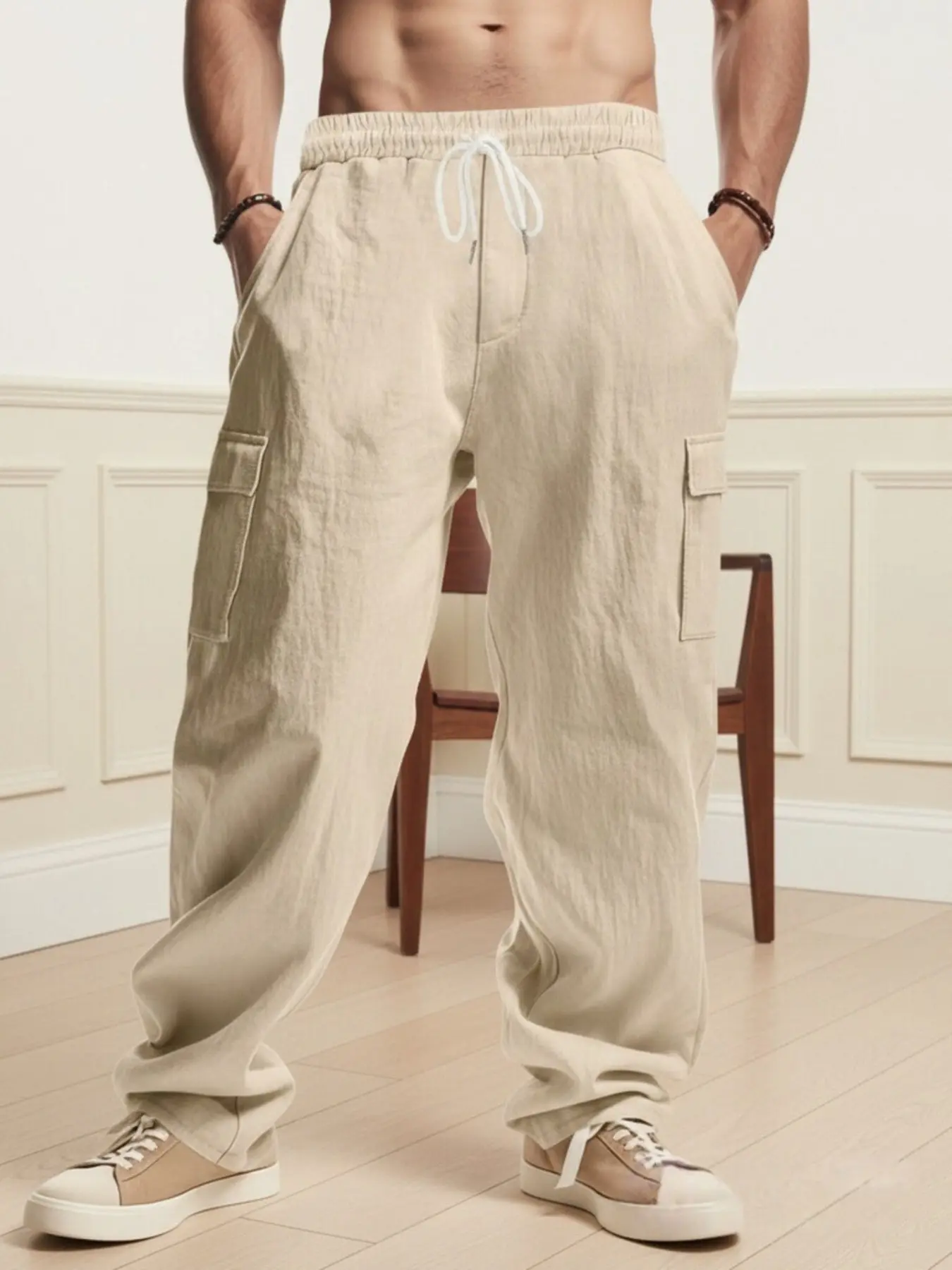 Men's linen work pants, Casual Comfy Trouser - Loose, casual and comfy fit, with elastic waistband, drawstring and lightweight breathable fabric, Perfect for outdoor adventures, daily casual wear, with Pocket, Casual Cargo Pants