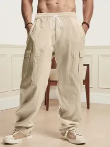 Men's linen work pants - Loose, casual and comfy fit, with elastic waistband, drawstring and lightweight breathable fabric. Perfect for outdoor adventures, daily casual wear, and spring/autumn activities, with Pocket, Casual Cargo Pants