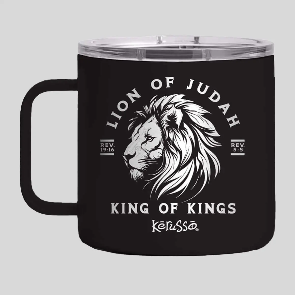 Kerusso 14oz Stainless Steel Coffee Mug with Handle, Plastic Lid, Vacuum-Seal, Portable, Lion of Judah Design