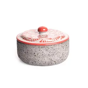 RosaVolcán Tortillero: 8-inch Volcanic Stone Keeper with Delicate Pink Talavera Lid