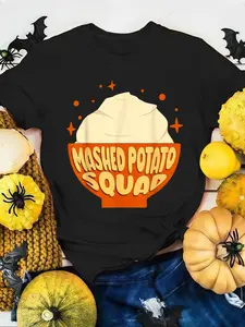 100% Cotton Women T-shirt Mashed Potato Thanksgiving Mashed Potato Squad T-Shirt  Print Round Neck Short Sleeve T-Shirt For Women Casual, Summer, Women Top Graphic Tees Women Tops