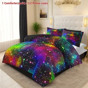 Three-piece Summer and Spring Rainbow Galaxy Quilt Set (includes 1 quilt + 2 pillowcases, no pillow inserts). The quilt is filled with 200g of digitally printed polyester fabric, which is soft and breathable. It features a U-shaped quilting design, suita