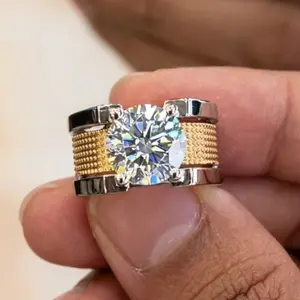 Jzora Luxury Men's Ring with Brilliant Round Cut Center Stone and Two Tone Wide Band Design