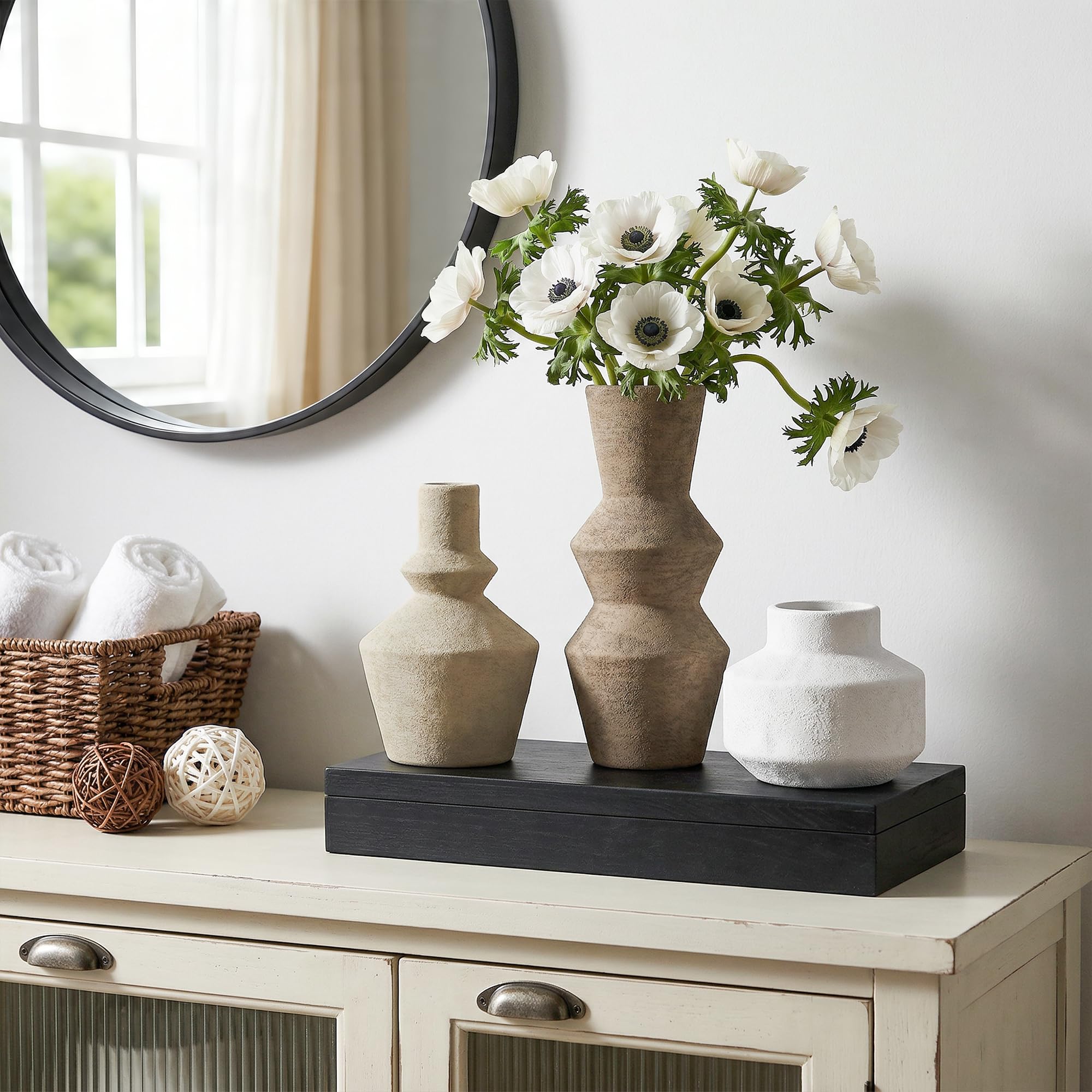 Ivydale Ceramic Vase Set of 3, Modern Rustic Flower Vases for Pampas Grass, Dried & Fresh Flowers, Farmhouse Home Decor Vase for Living Room Bedroom Kitchen Shelf Centerpiece, Classic