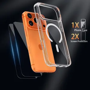 Phone Case: 3 PCS[1X Phone Case and 2X Screen Protectors]New 3pcs Protection Kit Accessories for iPhone 17 Pro Max: Transparent Magnetic Protective Case + 2 Screen Protectors (Wireless Charging Compatible)