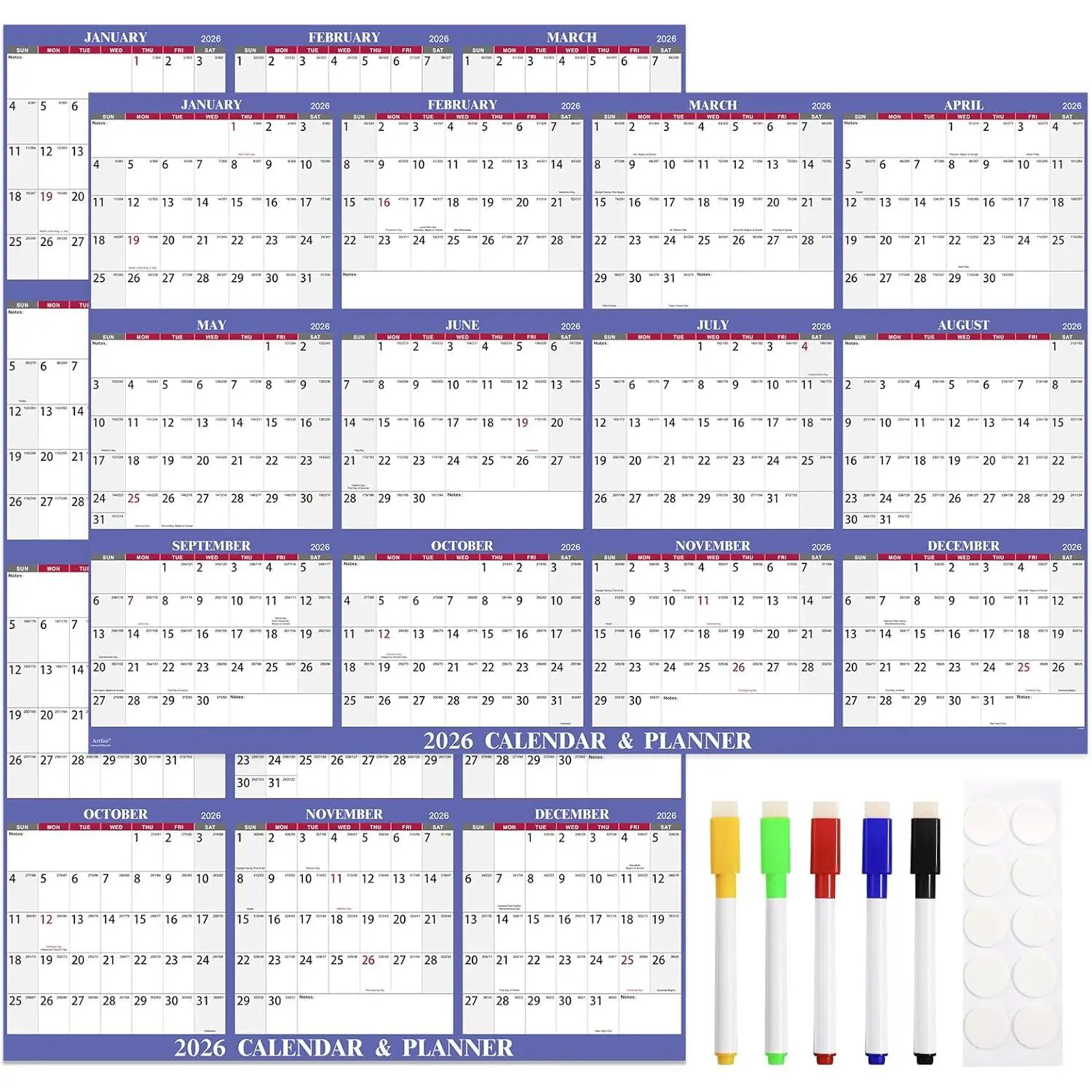2026 Dry Erase Calendar - 2026 Yearly Wall Calendar, 48" x 32", JAN.2026 - DEC 2026, 2026 Wall Calendar, 12 Month Dry Erase Calendar for Wall, XL Large, Wet & Dry Erase Laminated, Horizontal/Vertical -