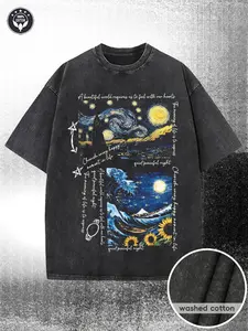230G washed cotton T-shirt, Starry Night and Sunflower Van Gogh Inspired Art Print, Premium Batik Cotton, Machine Washable, Thickness Suitable for Summer T-Shirts, Outdoor Activities, Holiday Gifts