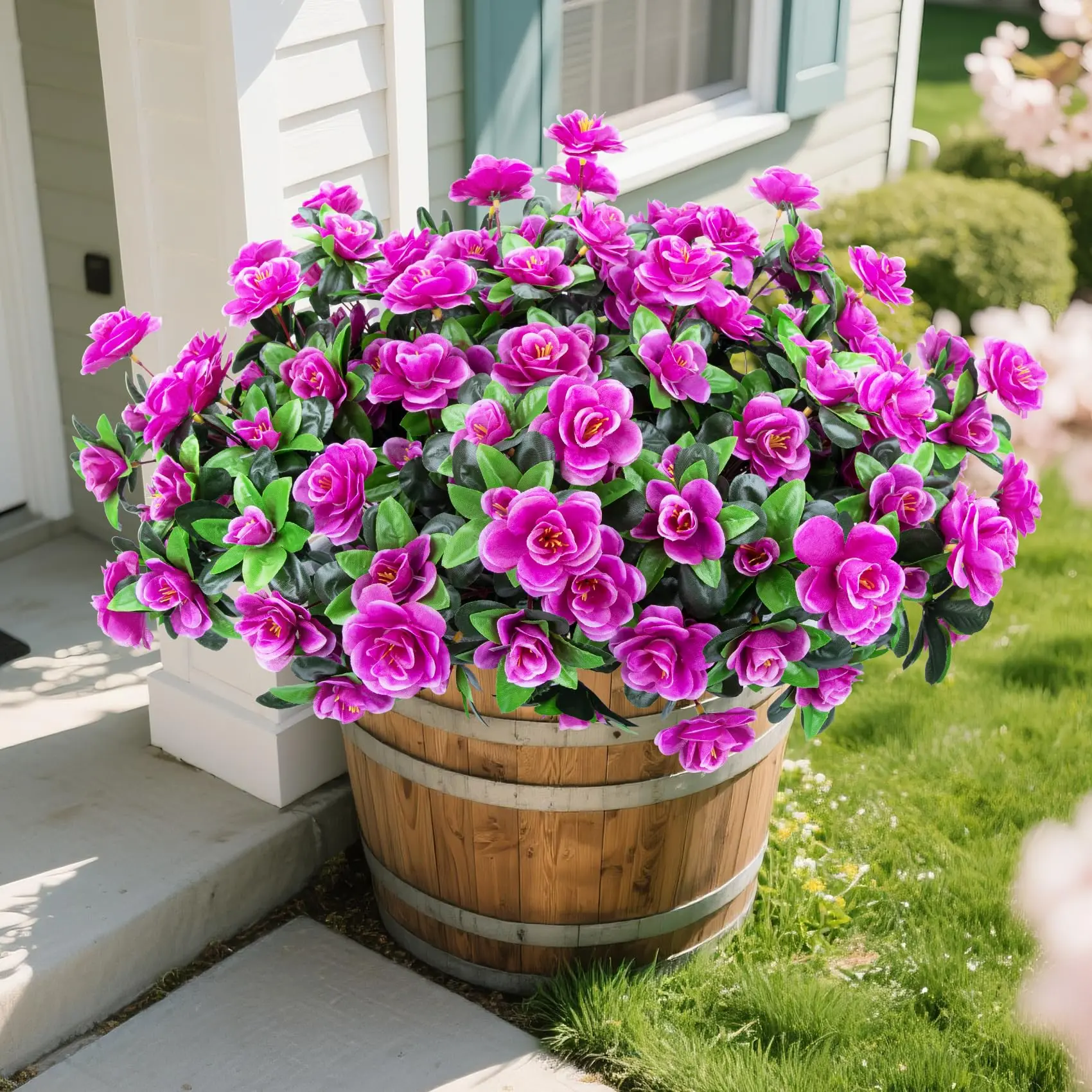12 Bundles Decorative Artificial Flowers Plants Set for Outdoors, Fake Silk Azalea Bouquet, Realistic UV Resistant, Fuchsia Color, Garden & Home Decor