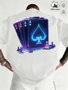 Men's Neon a Brand Print Loose Fit T-Shirt, Heavyweight 230g 100% Cotton Streetwear Street Style Y2K Print Short Sleeve, Casual Poker Theme Summer Top, Menswear