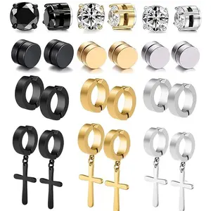 12 Pairs Magnetic Stainless Steel Non-Pierced Earrings for Men — CZ Clip-On Drop Ear Cuffs, DIY Jewelry Accessories