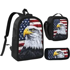 Large three-piece backpack with American flag and eagle design, includes an insulated lunchbox and pencil case. Unisex, 3-piece set (black).