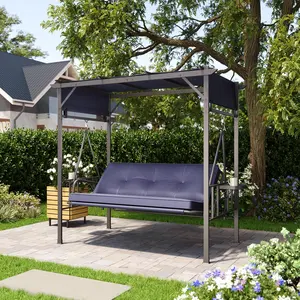AECOJOY 2-in-1 Convertible 3-Seat Porch Swing Bed, Outdoor Metal Patio Swing Bench with Hanging Cloud Hammock & Cup Holders, Weather-Resistant Garden Glider Arbour for Yard, Balcony & Poolside (Dark Blue)