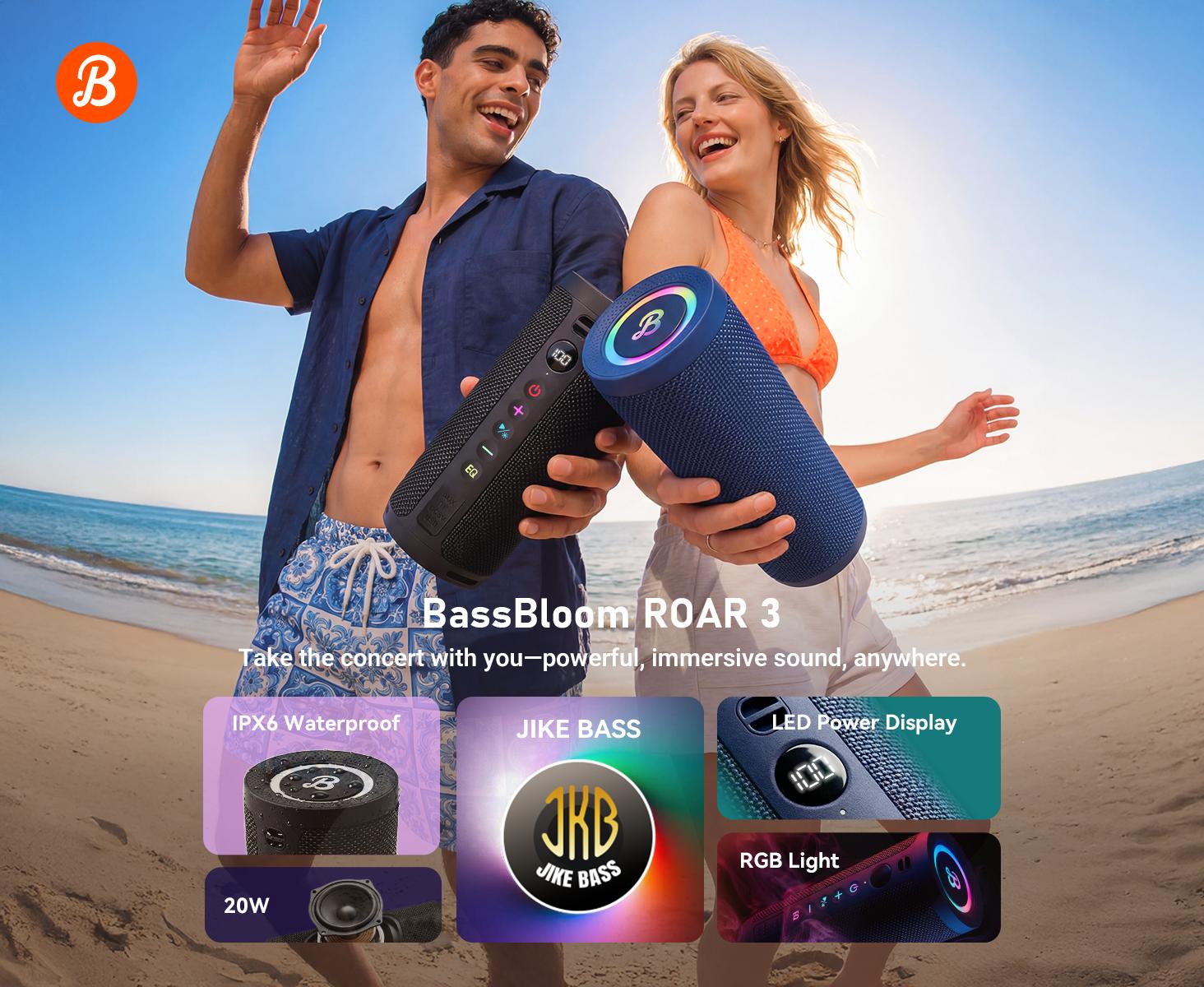 [Back to Shcool] BassBloom Roar 3 Portable Bluetooth Speaker,20W Handy Powerful Audio Sound with Bass,IPX6 Waterproof,24H Playtime, Bluetooth 5.4,RGB Lights, Clarity and Bass Speakers, Wireless Smartphone TWS Pairing, Compact Outdoor for Camping, Beach