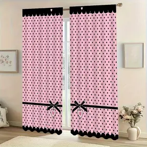 2-Piece Polka Dot Bow Print Curtains, Fashionable Rod Pocket Window Drapes for Bedroom & Living Room, Comfortable Atmosphere, Easy Installation