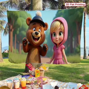 Bear And Girl 2D Banner Durable Polyester Party Background Vivid Forest Scene Perfect For Birthdays Weddings And Outdoor Celebrations Easy To Hang Playful Design
