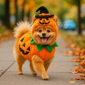 Halloween Pumpkin Dog Costume Pet Outfit with Witch Hat Hood Funny Pumpkin Design for Halloween Parties & Trick-or-Treating