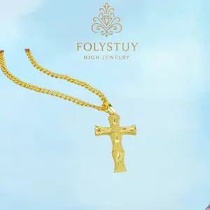 Length: 17.6 inches; Width:4mm [FOLYSTUY (Y157)]Bamboo Cross Pendant Necklace, Cuban Link Chain with Religious Cross Charm, Men's Hip Hop Jewelry, Faith-Inspired Gift
