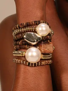7-Piece Boho Style Exaggerated Faux Pearl Beaded Bracelet Set, Irregular Glossy Metal Design, All Seasons Jewelry Collection, Elegant Jewelry Bracelet