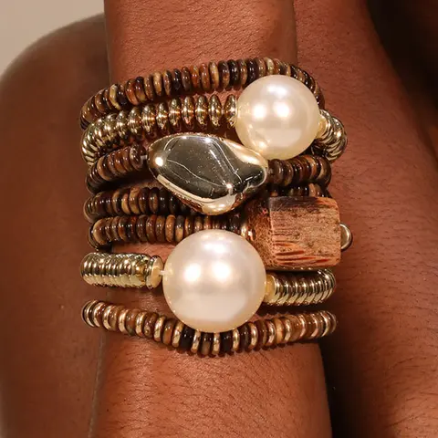 7-Piece Boho Style Exaggerated Faux Pearl Beaded Bracelet Set, Irregular Glossy Metal Design, Elegant Jewelry Collection for All Seasons, Exquisite Trendy Bracelet, Pretty Bracelet, Beautiful Bracelets