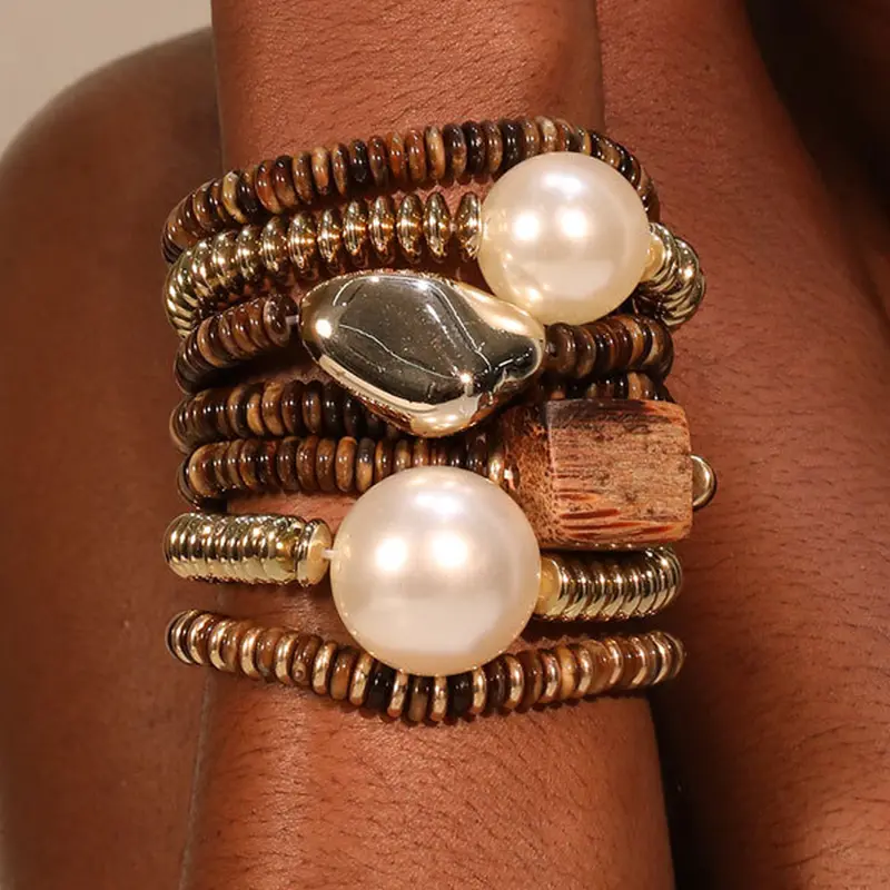 7-Piece Boho Style Exaggerated Faux Pearl Beaded Bracelet Set, Irregular Glossy Metal Design, Elegant Jewelry Collection for All Seasons, Exquisite Trendy Bracelet, Pretty Bracelet, Beautiful Bracelets