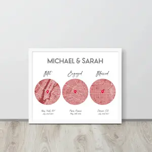 Met Engaged Married Map Personalized Love Story Map for Michael & Sarah with Special Locations New York Paris Denver Anniversary Gift