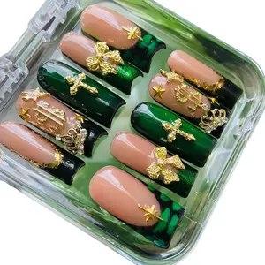 Trendy Money Green Press On Nail Set with Gold Charm and Green Chrome - Set of 10