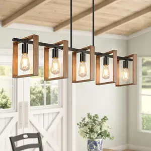 53'' Farmhouse Kitchen Island Lighting, 5-Light Adjustable Dining Room Light Fixtures, Rustic Wood Black Hanging Chandeliers for Kitchen, Pool Table Lights, Bulbs Not Included