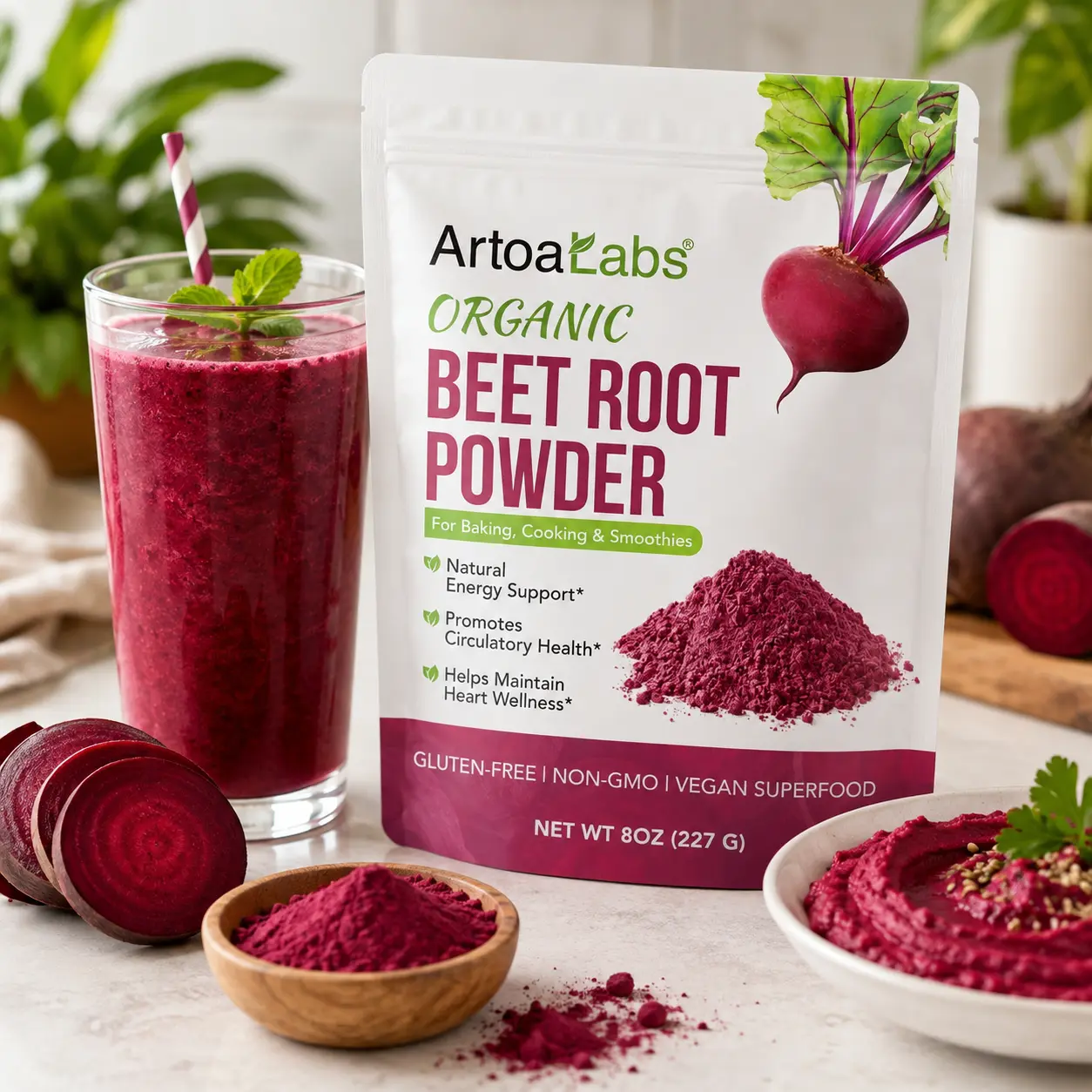 8oz USDA Organic Vegan-Friendly Beet Powder - Organic Superfood Flavoring for Smoothies & Baking, Natural Vegan Coloring, Non-GMO, Earthy Flavor Hydration Powder, Organic Superfood Flavoring Powder