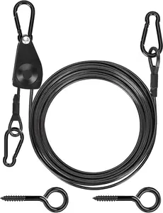 30ft Outdoor Clothesline Kit, 3/16" Black PVC Coated Wire Rope Portable Retractable Clothes Line Kit with Self-Locking Pulley, Screw Hook & Snap Hook for Camping, Backyard, RV, Travel