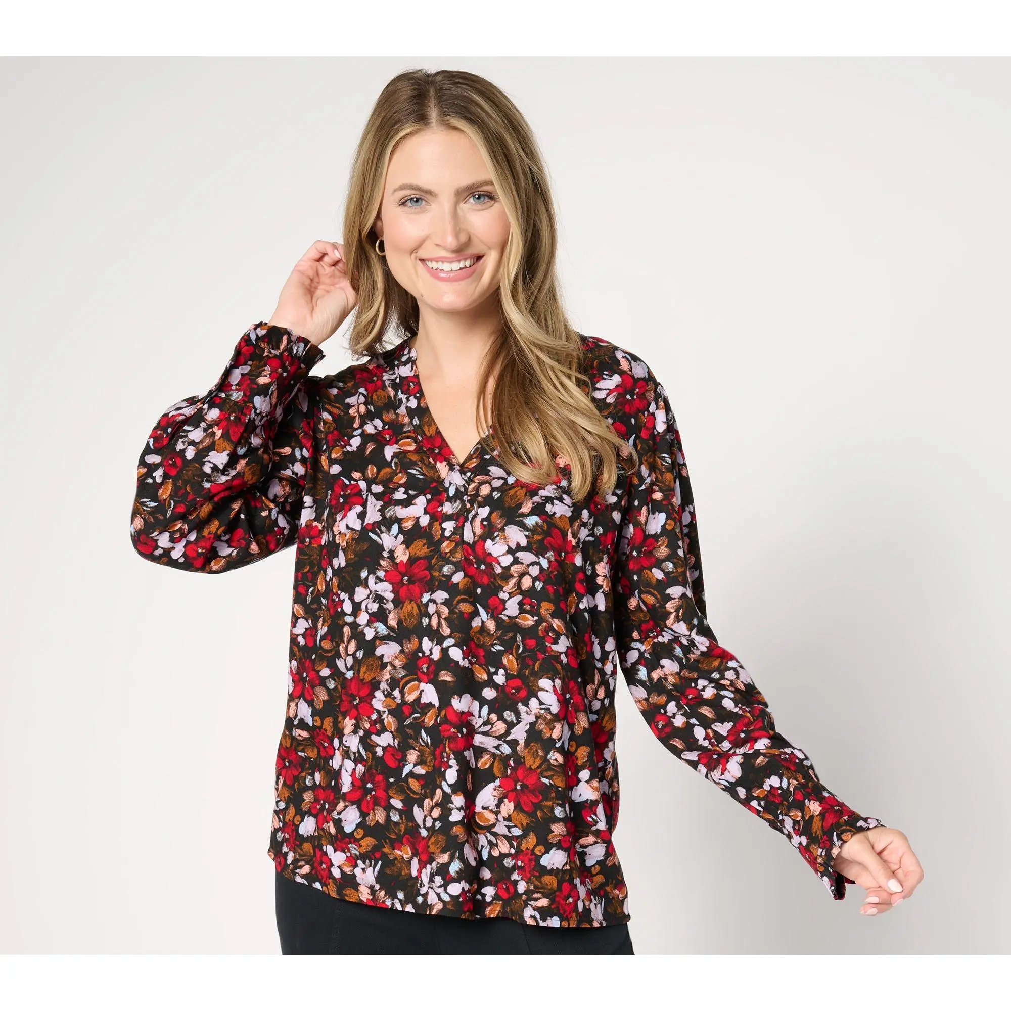 AnyBody Woven Crepe Blouse with Ruffle Cuffs