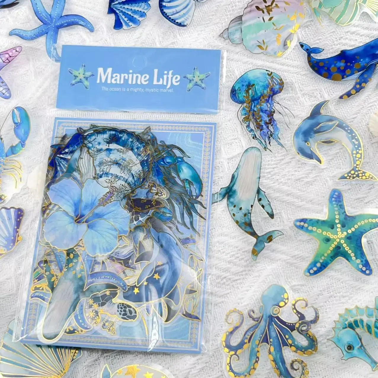 50 Sheets Ocean Animal Gold Foil Stickers, Hand Account Material, Phone Case Decor, Scrapbook Decoration, Waterproof Stickers