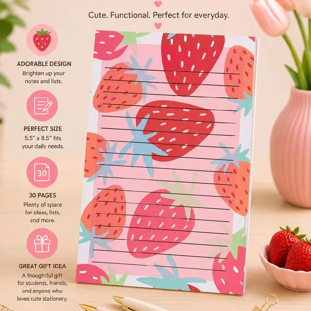 Strawberry Lovers Notepad, Office Stationery Supplies, Desktop Stationery Supplies for Office & Daily Note-Taking