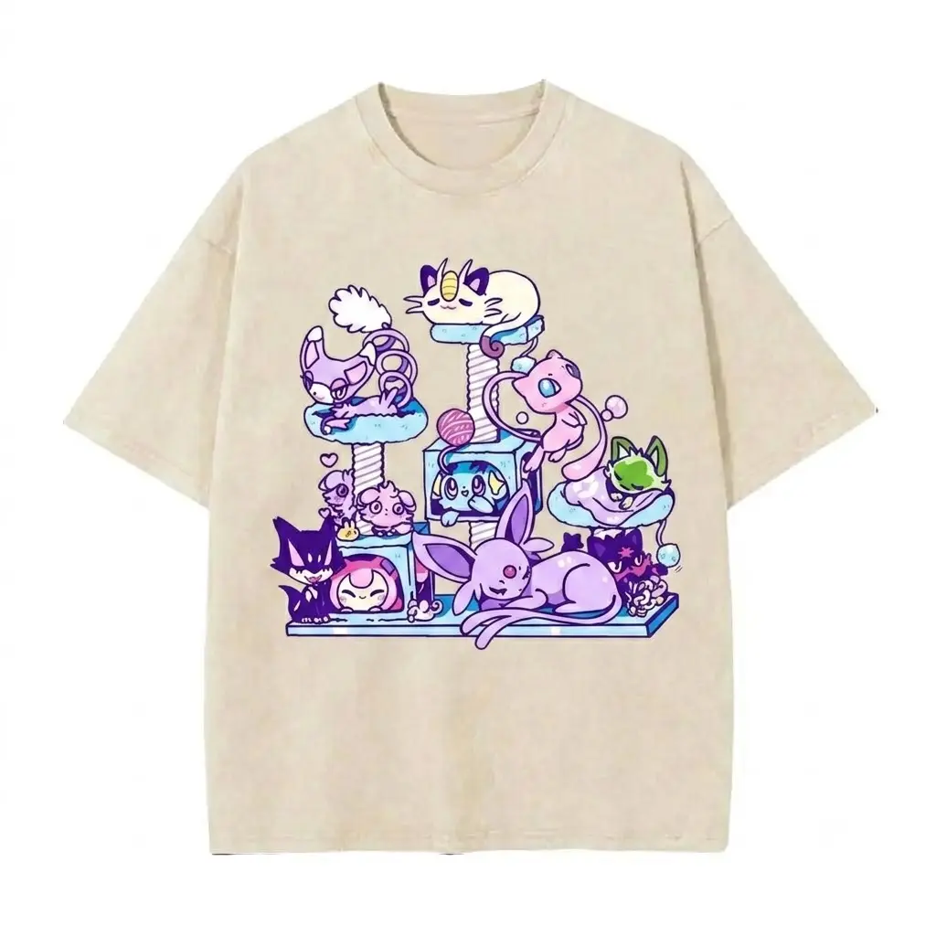 Cat Tree Graphic T-Shirt Vintage Acid Wash Oversized Cute Kitty Aesthetic Anime Tee Cat Comfort Colors Shirt, Sylveon Mew Meowth Tee, Cute Chibi Anime Shirt, Kawaii Cat Tree Apparel, Birthday Tee