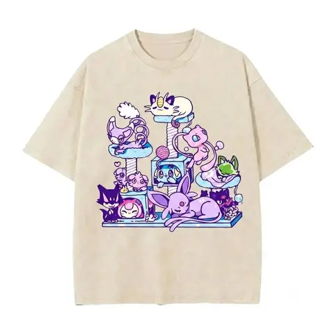Men's Pure Cotton Soft Loose-Fit Vintage Acid Wash Oversized Round Neck Short-Sleeve Graphic Shirt - Menswear, Japanese Casual All-Season Tee with Sylveon Mew Meowth Chibi Kawaii Anime Prints, Comfort Colors Statement Birthday Top