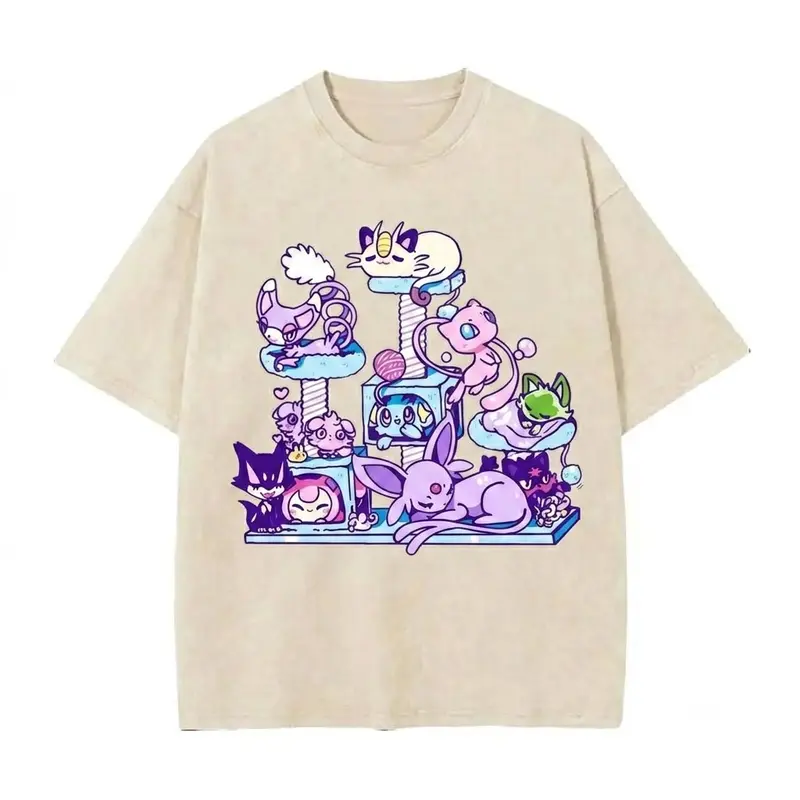 Men's Pure Cotton Soft Loose-Fit Vintage Acid Wash Oversized Round Neck Short-Sleeve Graphic Shirt - Menswear, Japanese Casual All-Season Tee with Sylveon Mew Meowth Chibi Kawaii Anime Prints, Comfort Colors Statement Birthday Top