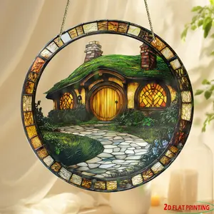 Hobbit Hole Design Sun Catcher, 2D Acrylic Window Hanging Art, Rustic Fairy Tale Decor for Living Room, Porch & Garden, Unique Housewarming Gift Idea, Ornaments
