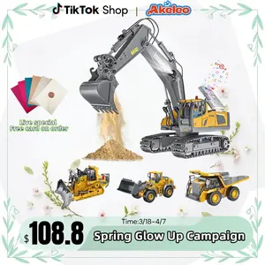【Perfect gift】Akeleo Remote Control Engineering Vehicle 2.4G High-Tech 11 Channels, Remote Control Excavator, Dump Truck, Aluminium Alloy ABS Engineering Vehicle Electronic Toy,Realistic Lights and Sounds,Gifts