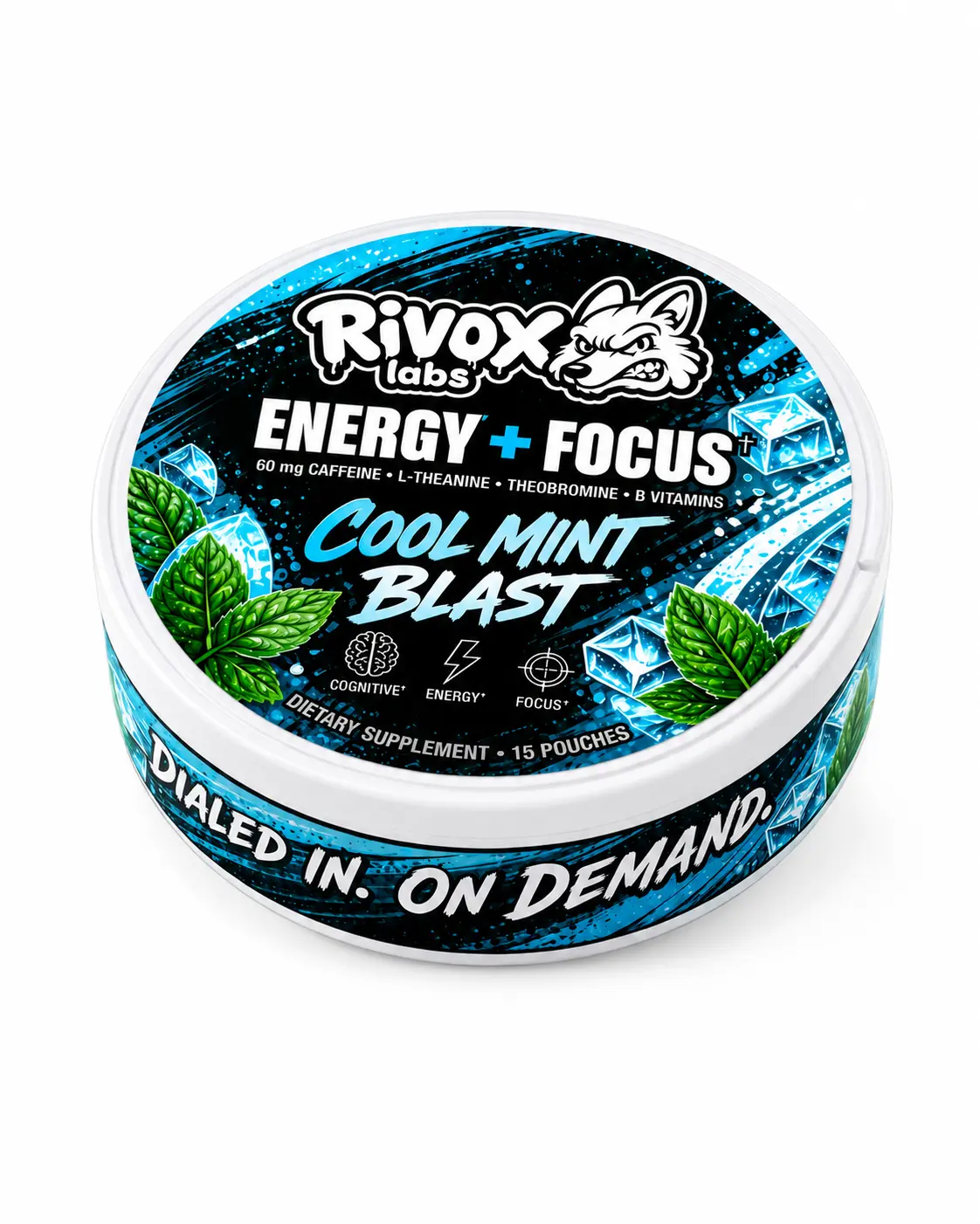 Rivox Focus Pouches, Cool Mint Flavor - 0-Nicotine Energy & Focus Herbal Supplement, Caffeine + L-Theanine, No Crash