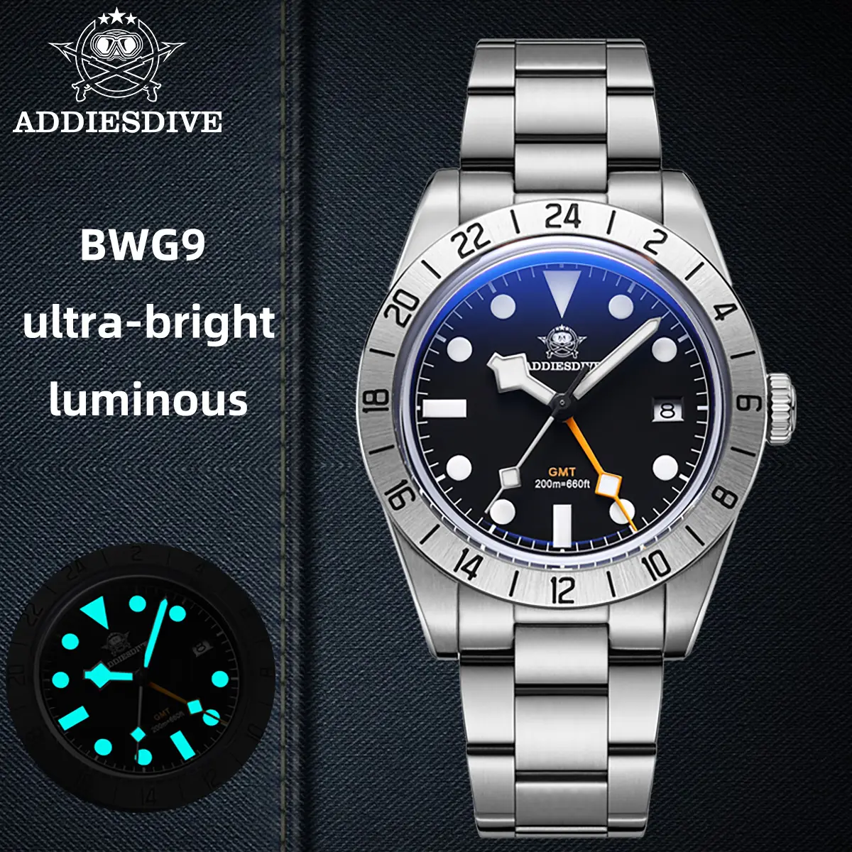 ADDIESDIVE GMT Watch for Men Business Casual Watches - 39mm Swiss Movement Water-Resistance 200m BGW9 Super Luminous AD2035