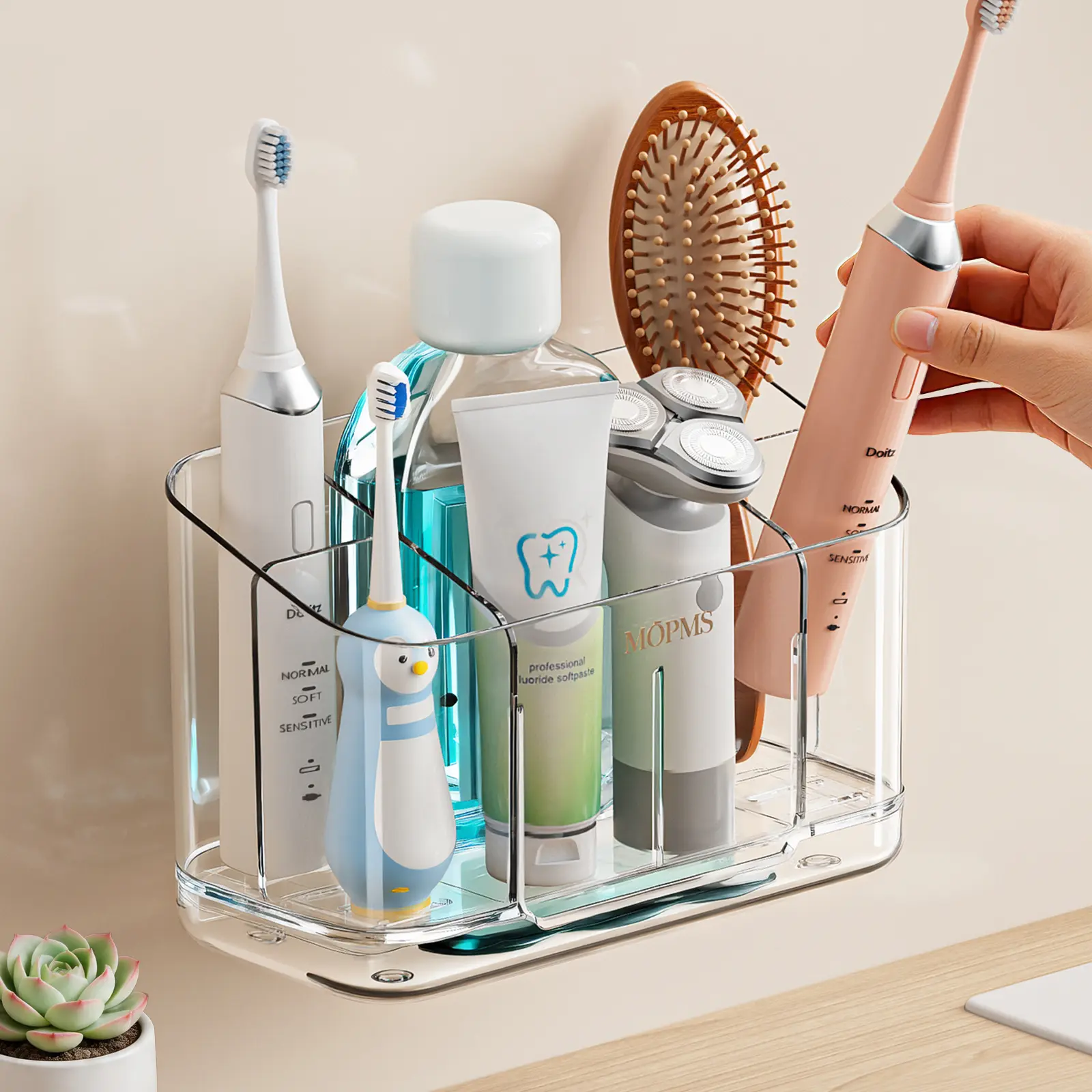 MOPMS Wall-Mounted Toothbrush Organizer with Drainage - Dustproof Waterproof Vanity Storage, Silicone Adjustable Electric Holder, Toothpaste Dispenser, Transparent Bathroom Essential for Apartment, Kitchen Sink, Desktop, Shower Shelf, Holiday Gift, Adhesi