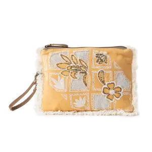 Women's Leather Embroidered Clutch Pouch - Amber Harvest Design, Sunshine Tan, Fringe & Beads Accents, Casual Use for Road Trips