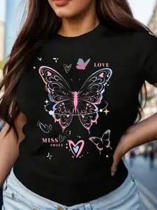 Women's Black Printed T-Shirt SS Daily Casual Breathable Comfortable Elastic Top Machine-Washable Fashion Spring Trend Easy-Care For Fashion Lovers Crewneck Fitted
