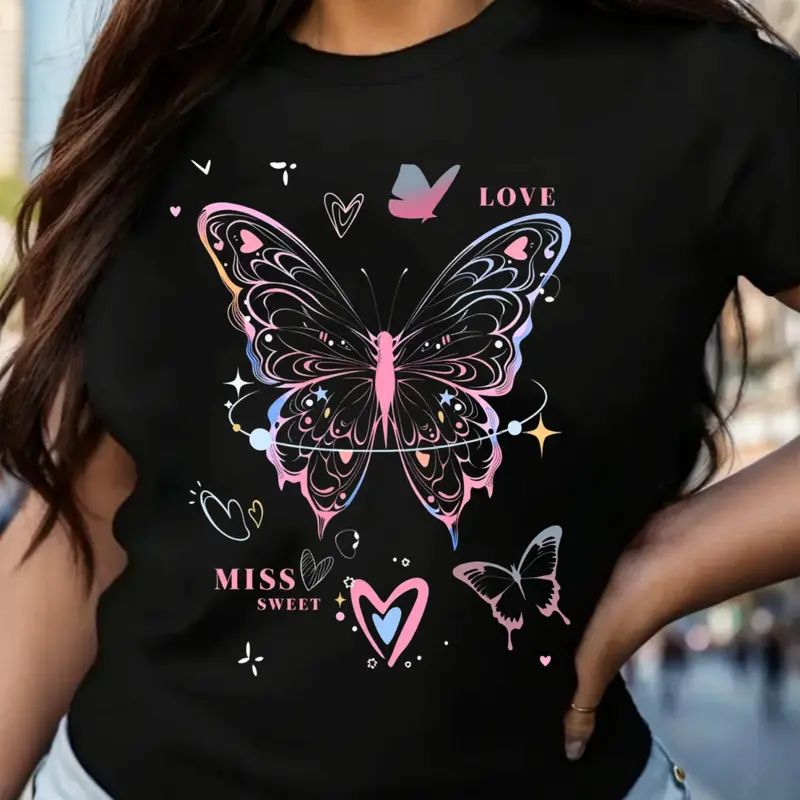 Women's Stylish 220g 100% Cotton Crew Neck Short-Sleeve Printed T-Shirt - Soft, Breathable Fitted Fashion Top for Spring Daily Wear, Available in 3XL (Stylish Women's Wear Essential)
