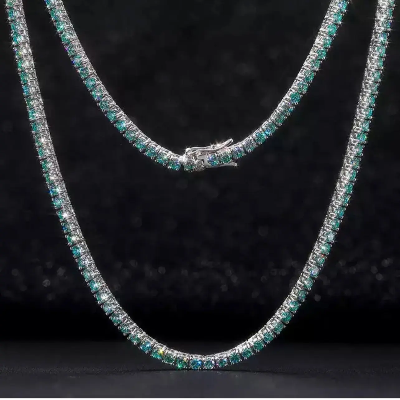 VVS  Solid 925 Silver 4mm Blue/Green Moissanite Tennis Chain